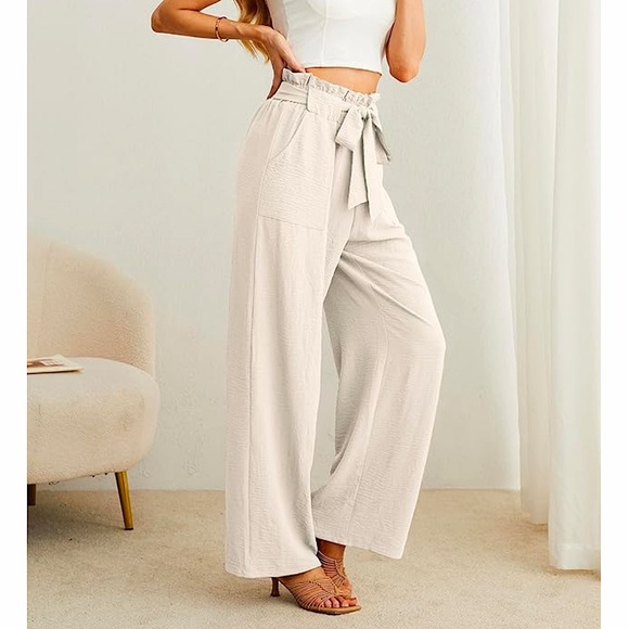 Amazon Pants - 🩷 IWOLLENCE WIDE LEG HIGH WAIST RISE LOOSE TROUSER PANTS BEIGE SIZE MEDIUM